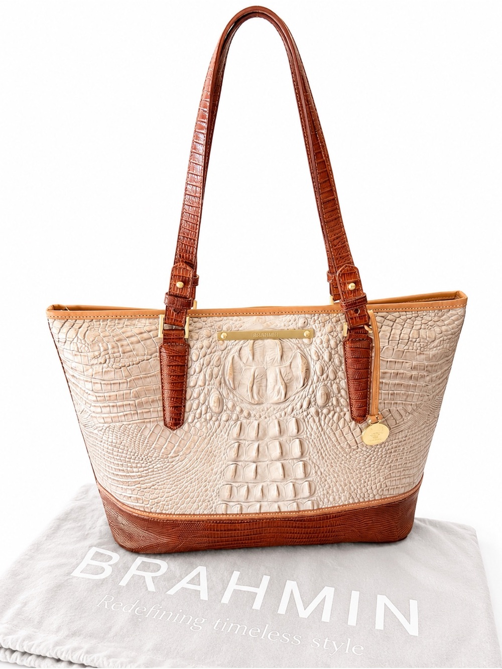 BRAHMIN Croc Embossed Tote Bag – Beige/Brown Colorblock - Picture 9 of 10